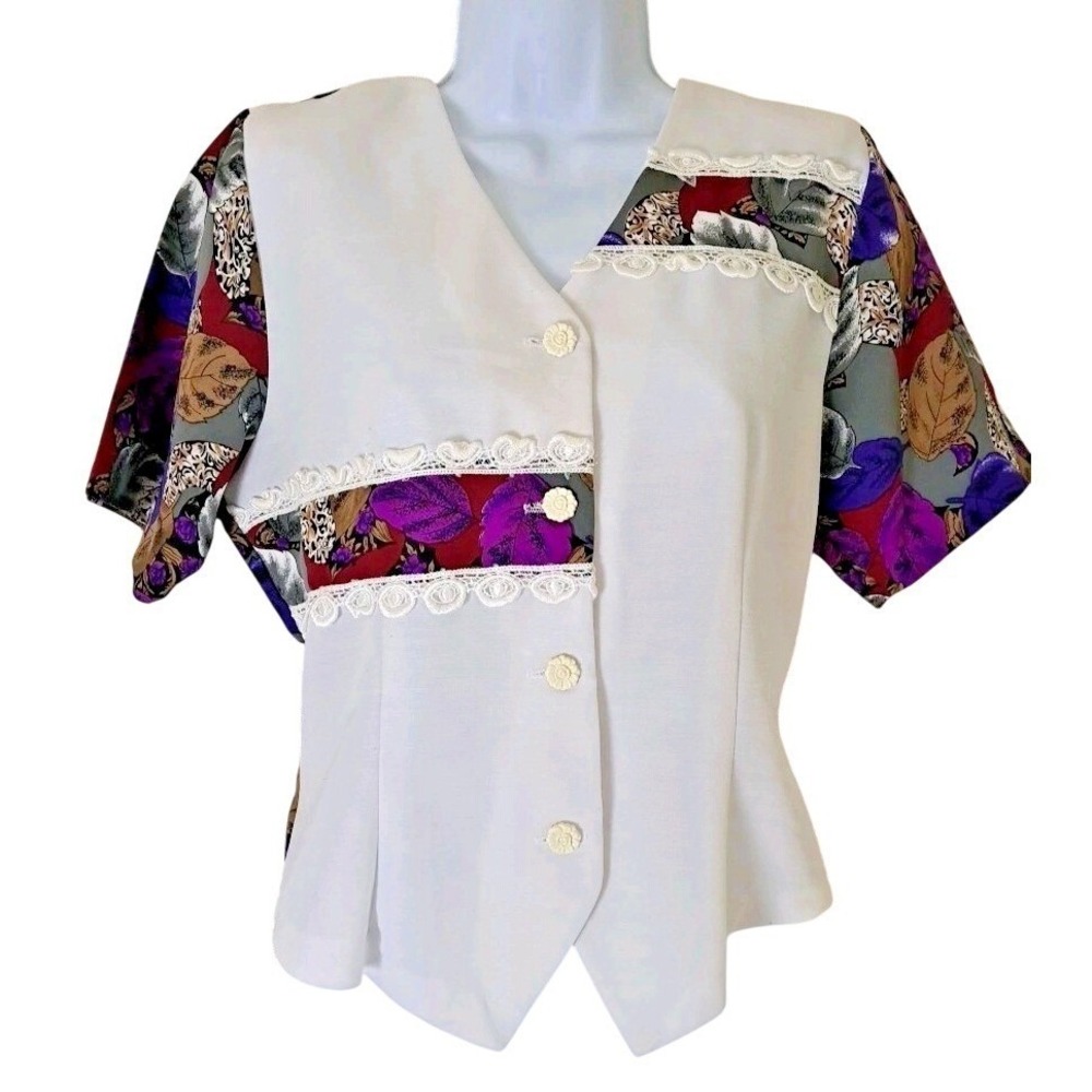 Jackie's Vintage Top 10 Purple White Button Front Shoulder Pads Dressy  Career